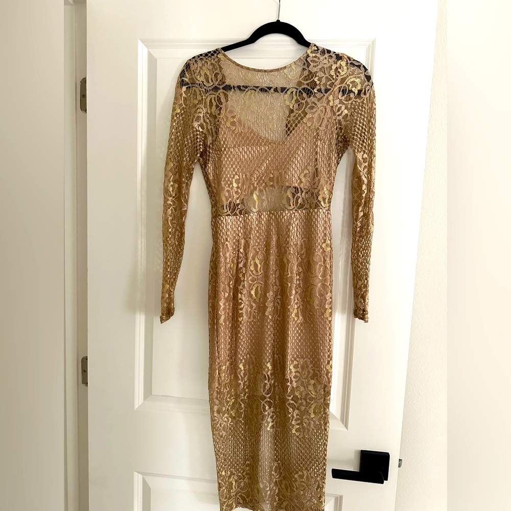Mystique Boutique Gold Holiday sheer lace cutout dress